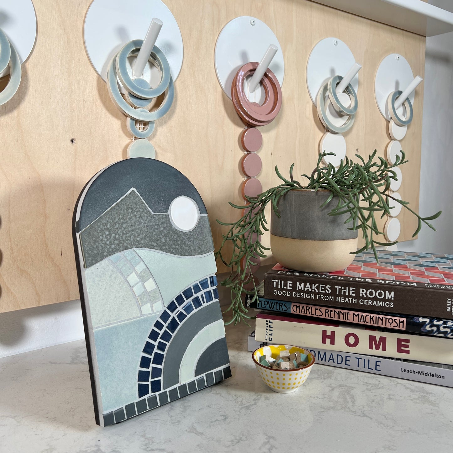 Mosaic Stand - wood base and metal back in lifestyle setting