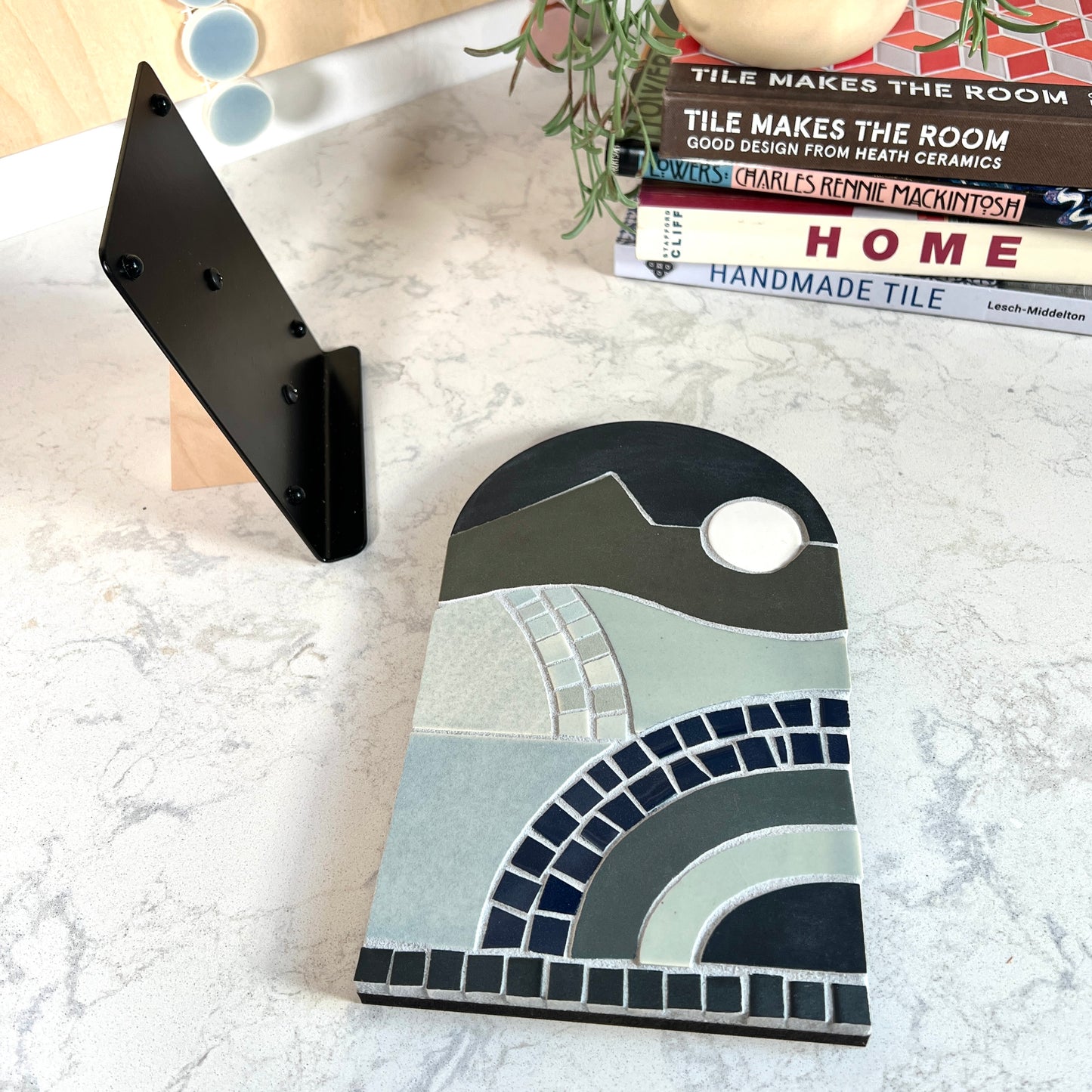 Mosaic Stand - wood base and metal back next to New Day Mosaic in Nightfall color way