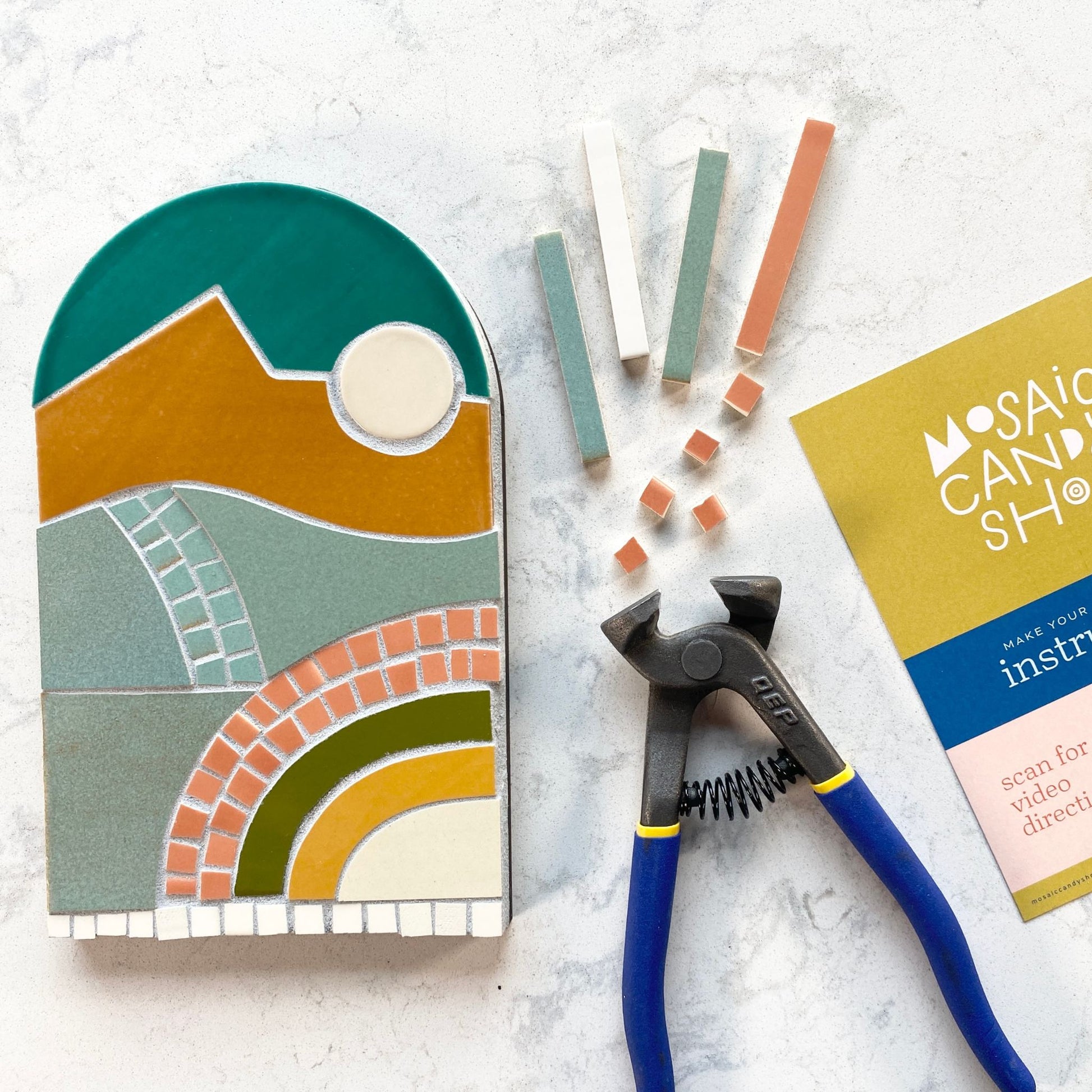 New Day Mosaic Kit in Sahara color way - assembled with tile nippers nearby